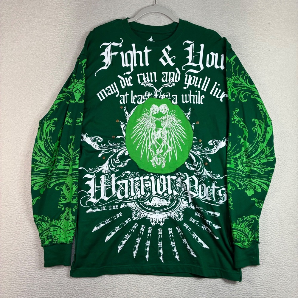 Y2K Blac Label Long Sleeve T Shirt Men XL Green Warrior Poets Sword Skeleton